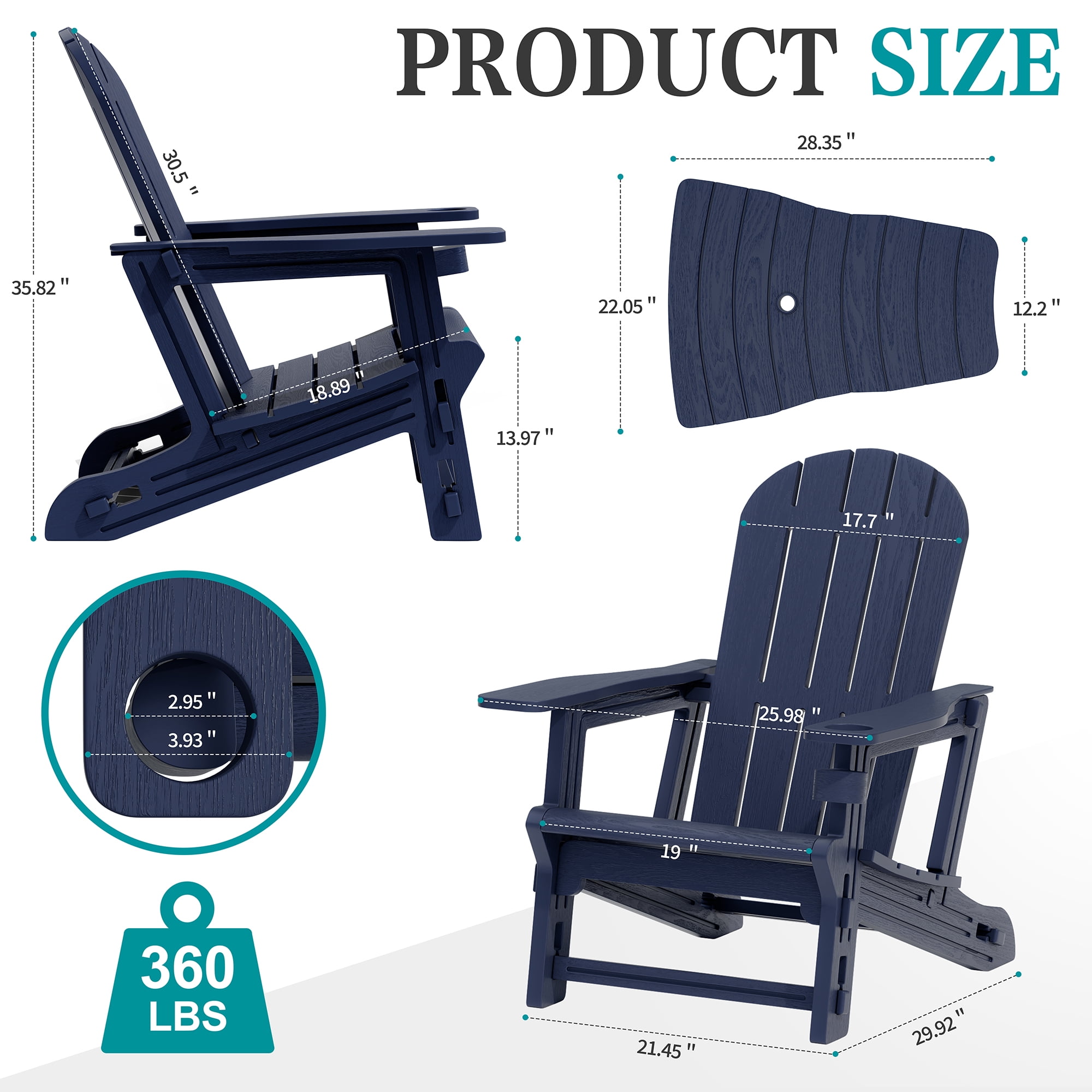 Walsunny Adirondack Chairs Set of 2 Fire Pit Chair Set with Connecting Tray Cup Holder Removable Tabletop,All-Weather HDPE Outdoor Chair Set for Patio Garden Lawn,Dark Blue