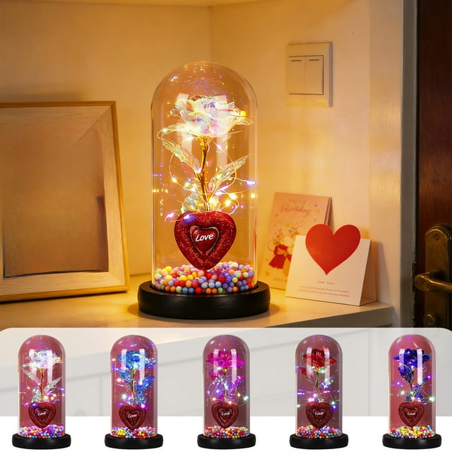 Luz Nocturna De Plástico 1Pcs Heart Shaped Night Light with Preserved Crystal Rose Inside Glass Dome Blue LED Glowing Decorative Gift for Valentines Day or Birthday 8.66x4.52" JASKFLY