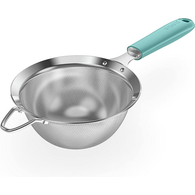 18/8 Stainless Steel Mesh Strainer: U-Taste 5.5 Inch Kitchen Fine Mesh Sieve Food Colander with Riveted Sturdy Silicone Handle and 30 Mesh Hole for Straining Flour, Pasta, Fruit, Quinoa (Aqua Sky)