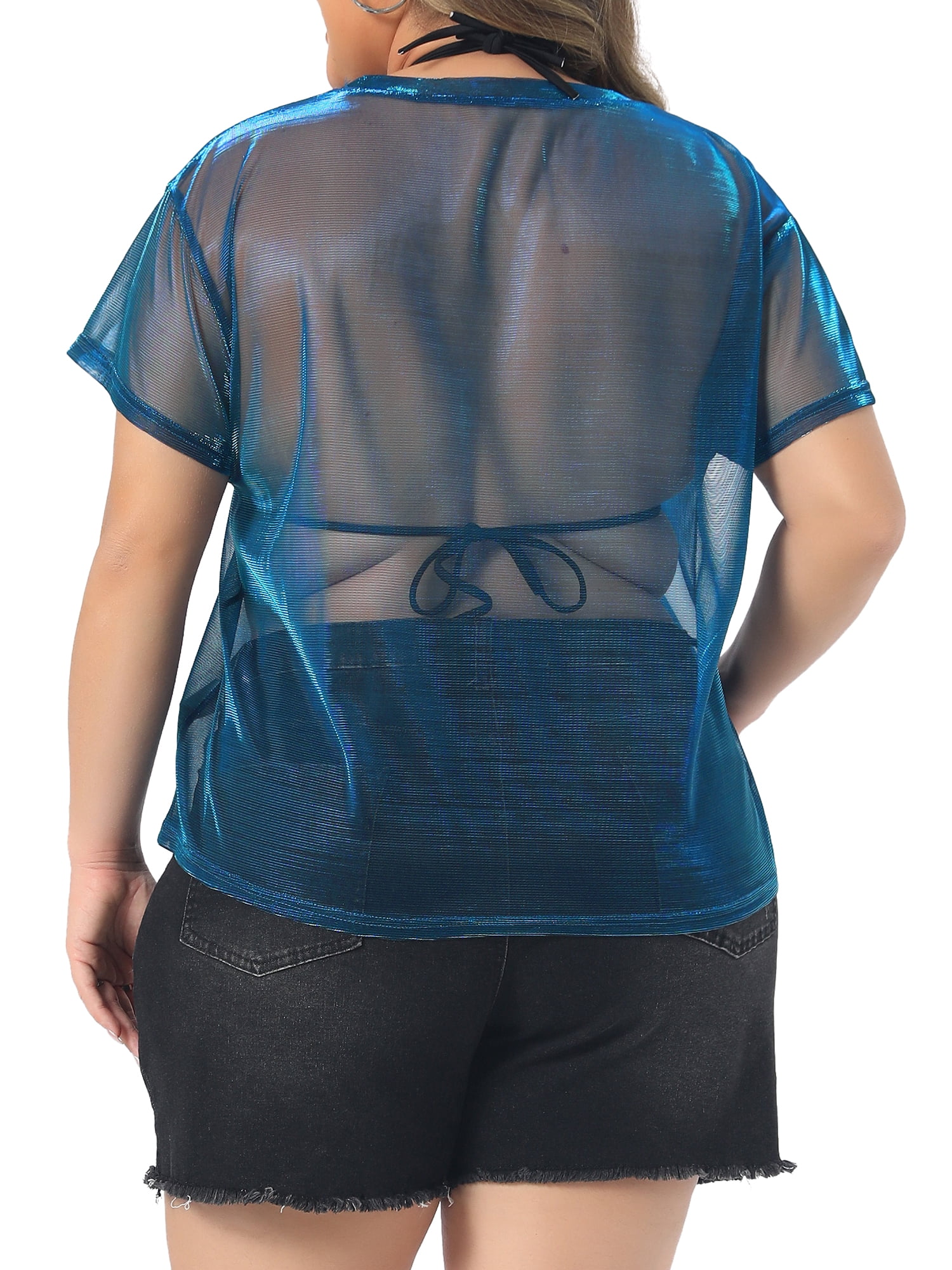 DARING DIVA Women's Plus Size Sheer Mesh Holographic See Through Blouse 2X Blue