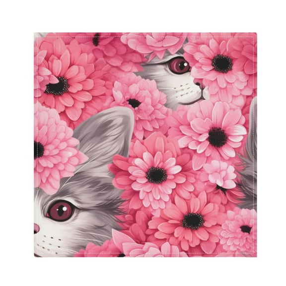 JSTEL Cat Pink Daisy Cloth Napkins Set of 1, 20x20 Inch Washable and Reusable Napkin for Decoupage Dinner Party Everyday Use
