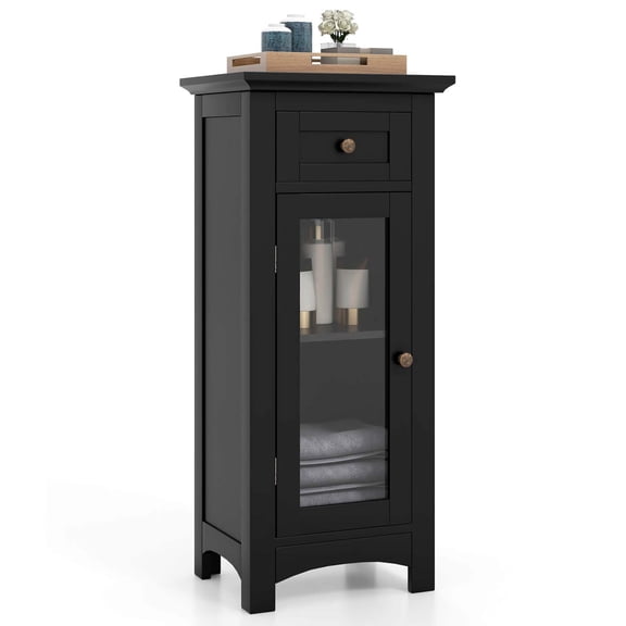 Costway Bathroom Floor Cabinet with Single Glass Door Drawer & Adjustable Shelf Black