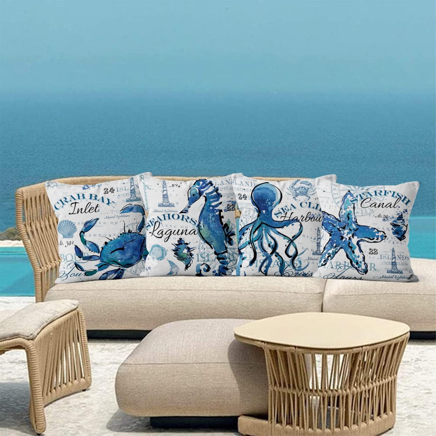 Ocean Theme Pillow Covers 16x16 Set of 4, Navy Blue Sea Animals Throw Pillow Covers Crab Seahorse Octopus Starfish Pillowcase Coastal Accent Summer Decorative for Home Outdoor