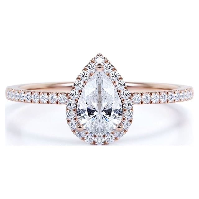 JeenMata Anillo de Compromiso con Halo de Diamantes en Forma de Pera Estilo Vintage en Oro Rosa de 10 K