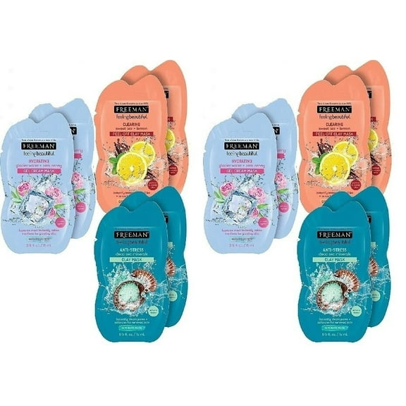 Freeman Clay Mask Variety Set; Cleaning, Hydrating, Anti-Stress Sachet, Sweet Tea Lemon, Dead Sea Minerals, Glacier Water Pink Peony-12 Pack