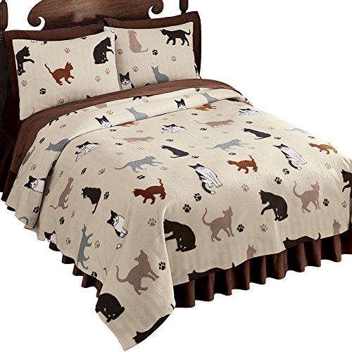 Cat Fleece Coverlet Brown King