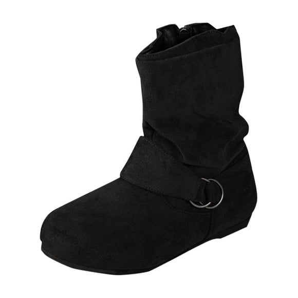 Black Ankle Boots For Womens Solid Round Toe Side Zipper Flat Sole Warm Non-Slip Comfortable Lightweight Durable Winter Footwear Size 37