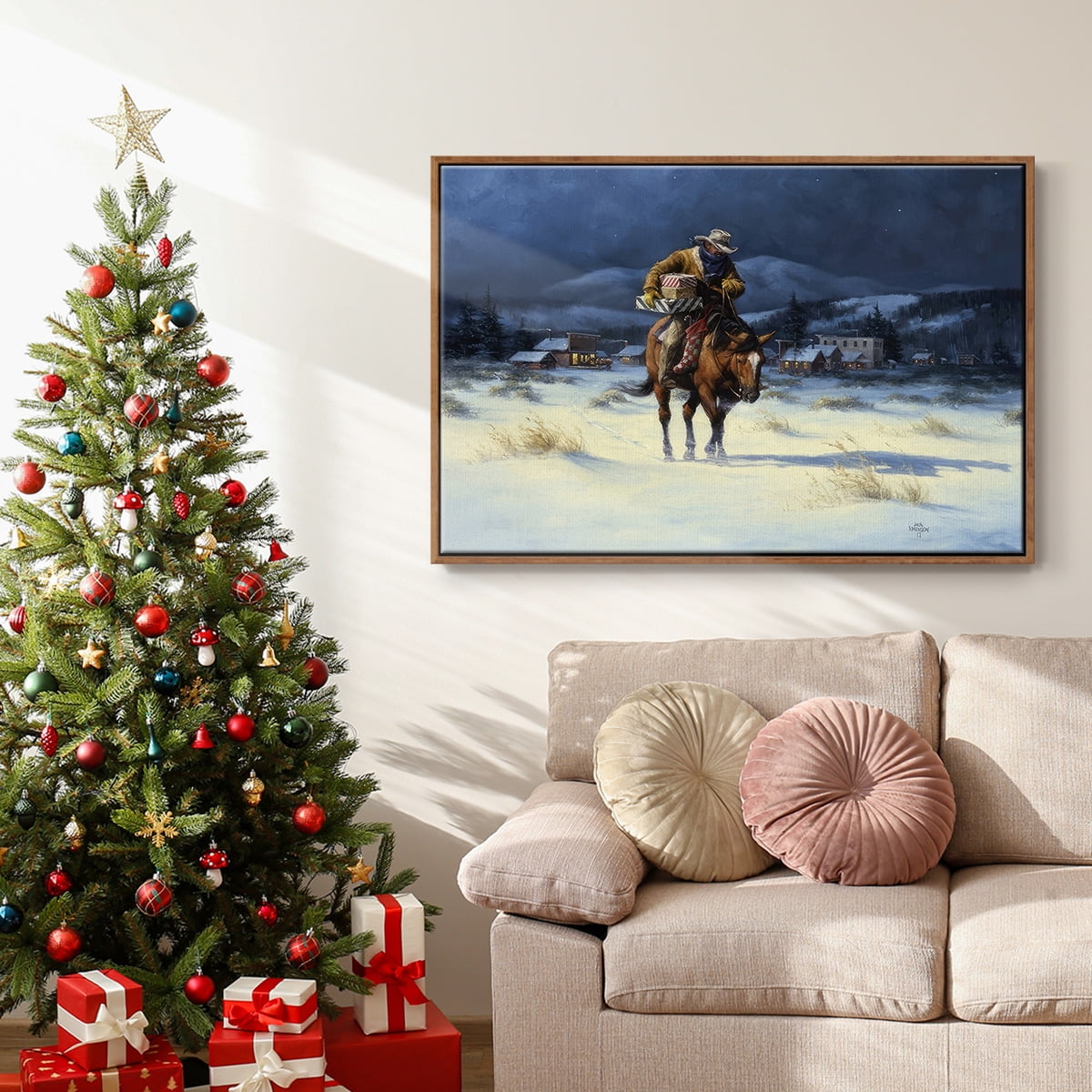 Bringing Christmas Home - Framed Gallery Wrapped Holiday Canvas - 27 x 41 - Rosewood Frame