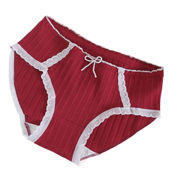 WRKEKC Cotton Underwear for Women Mid Waist Triangle Panties Wine Red Ribbed Lace Edge Bow Decoration Underwear Comfortable Fit