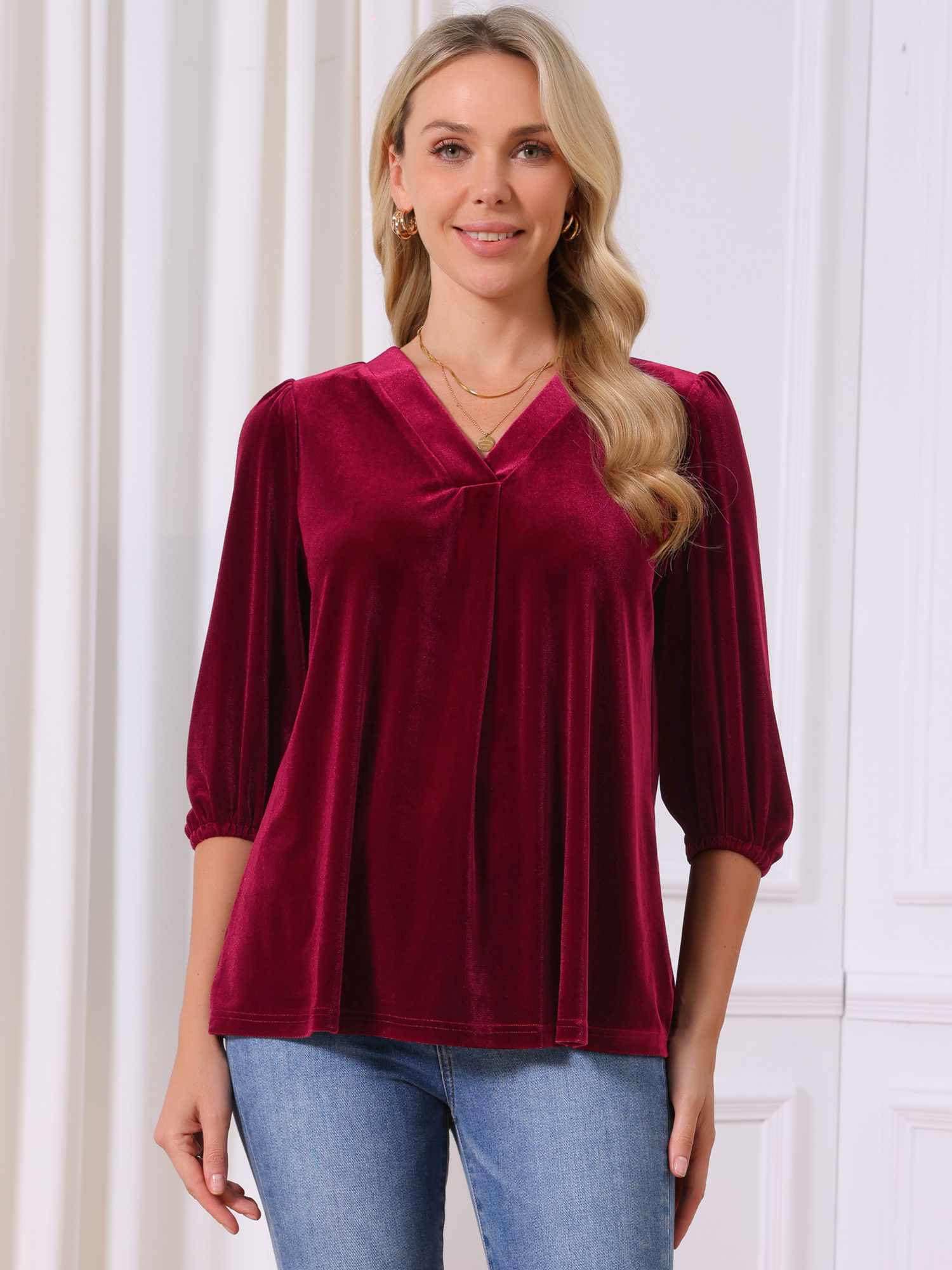 DARING DIVA Women's Velvet V Neck 3/4 Puff Sleeve Casual Blouse XL Wine Red