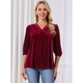 thumbnail image 5 of DARING DIVA Women's Velvet V Neck 3/4 Puff Sleeve Casual Blouse S Wine Red, 5 of 8