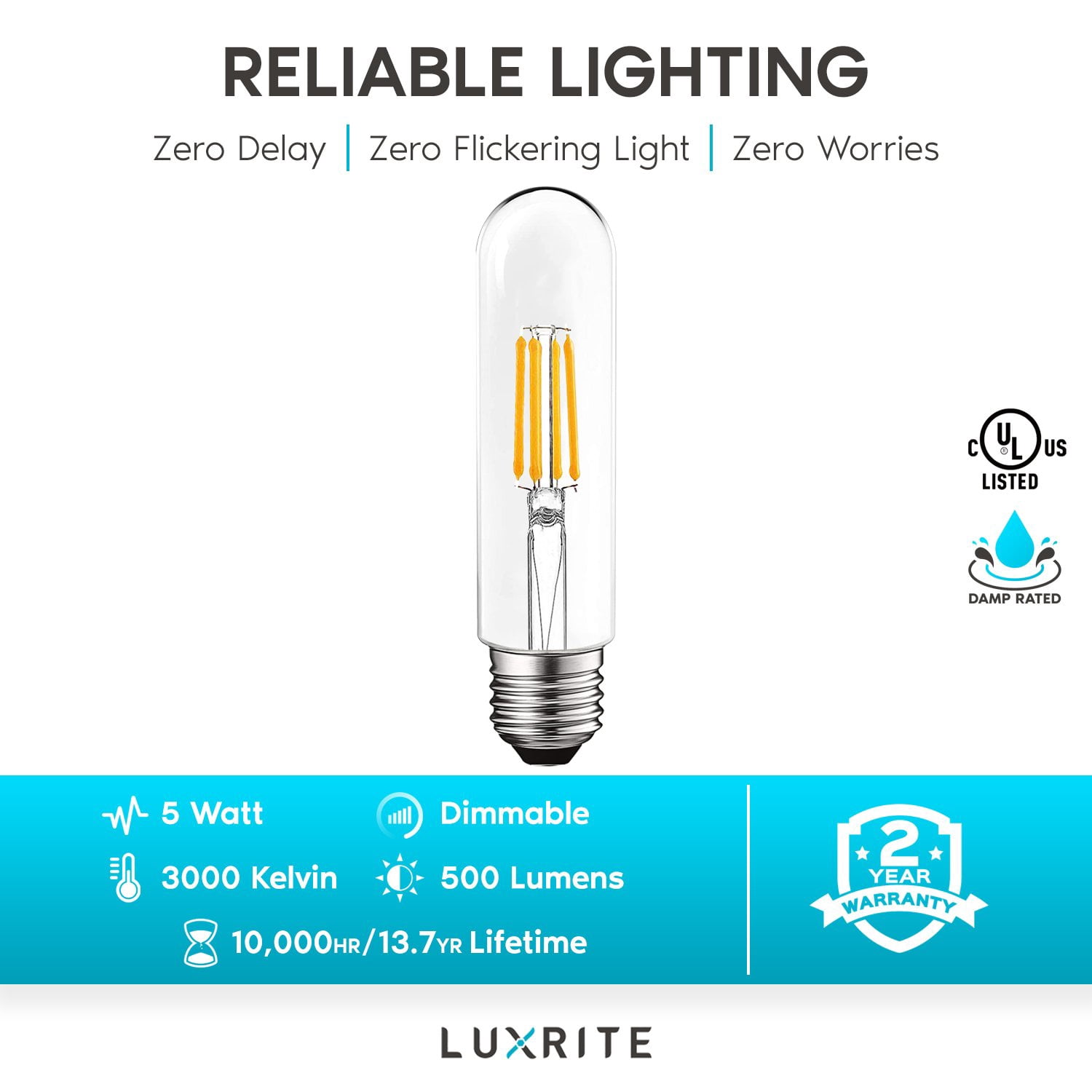 Luxrite 6-Pack T10 LED Bulb 5W=60W 3000K Soft White Edison Bulb 500 Lumens Tubular Light Bulb Damp Rated UL Listed E26