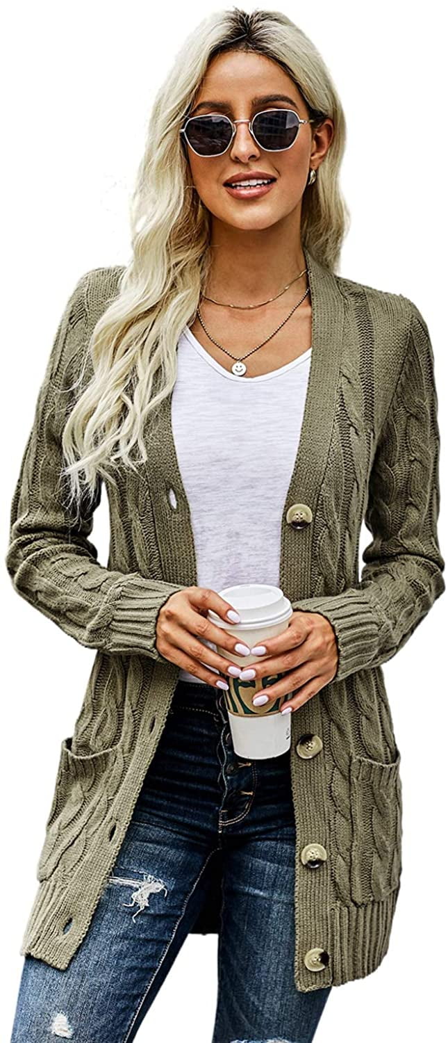 Women's Long Sleeve Cable Knit Sweater Open Front Cardigan Button Loose Outerwear 