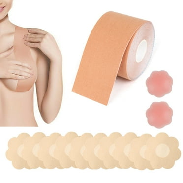 Boob Tape for Breast Lift Breathable Roll Breast Lift Tape with 2 Silicone Boob Covers 10 Flower Shaped Cloth Stickers Cccanaooolceie