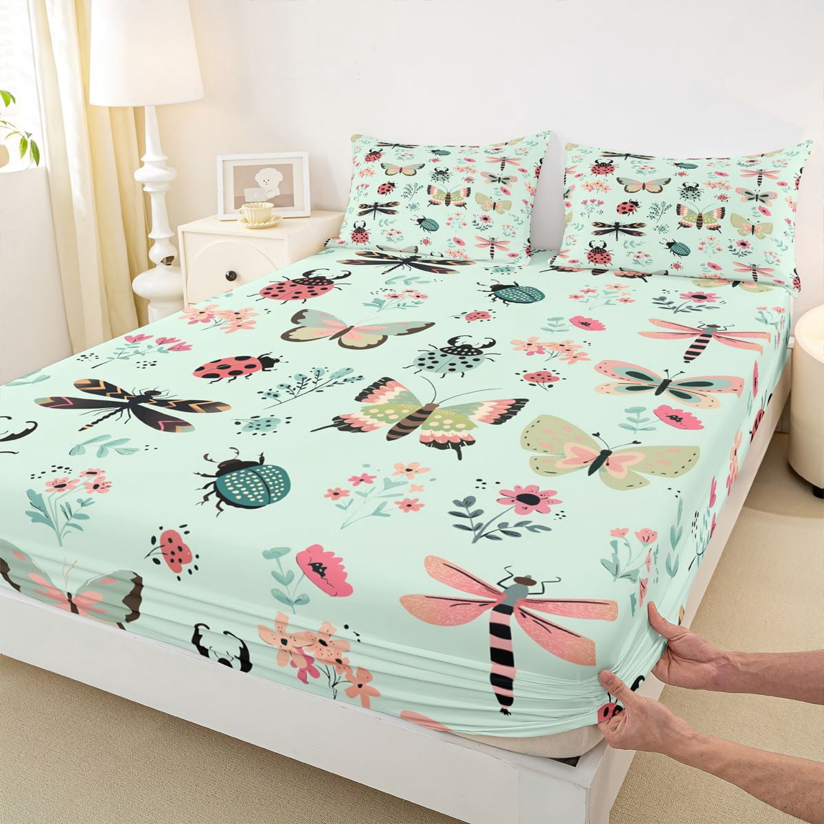 Homewish Teens Insect Lover Twin Sheet Sets, Cute Moth Dragonfly Ladybug Twin Fitted Sheet, Rustic Flower Floral Flat Sheet, Lightweight Room Decor, 3pcs