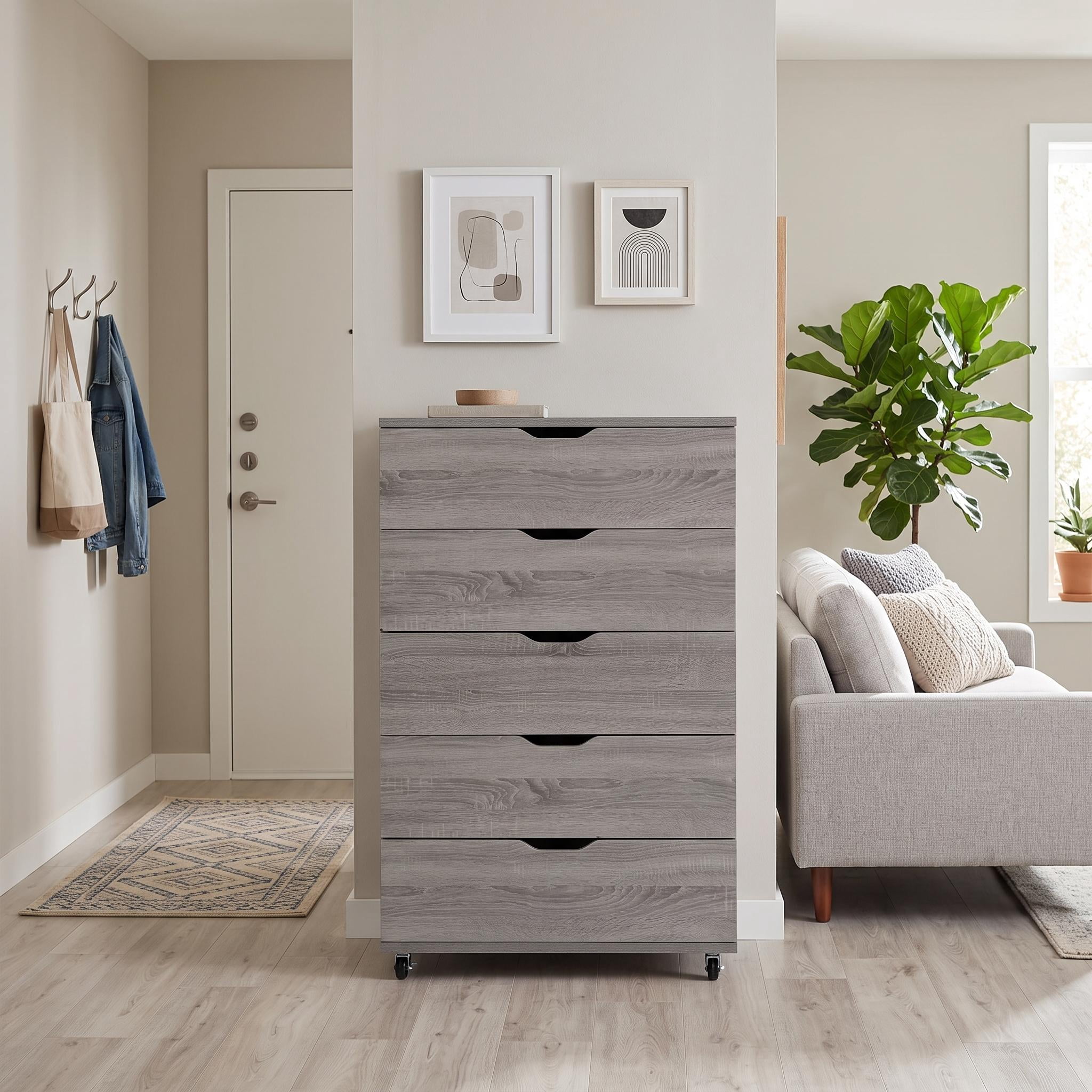 Homy Casa Gray Wood 5 Drawer Dresser Chest with Wheels for Bedroom Closet
