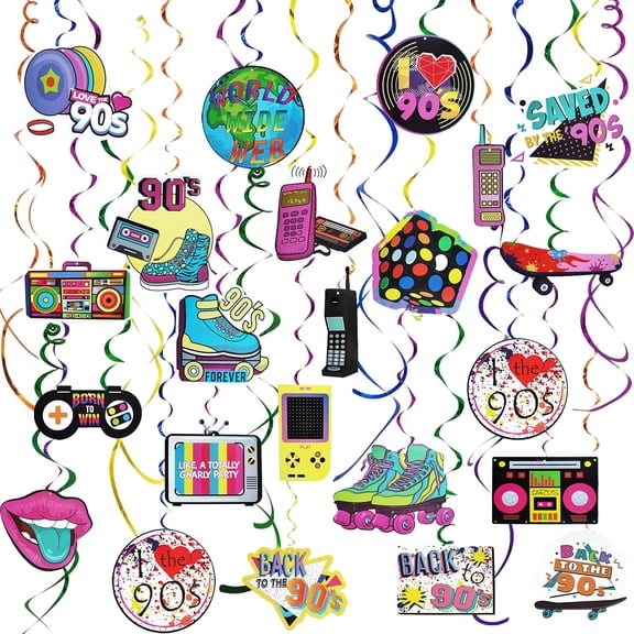 GuassLee 30 pcs 90s Party Decorations Hanging Swirls for Adults Back to 1990's Party Decor Favors for 90s Theme Birthday Party Decorations Supplies