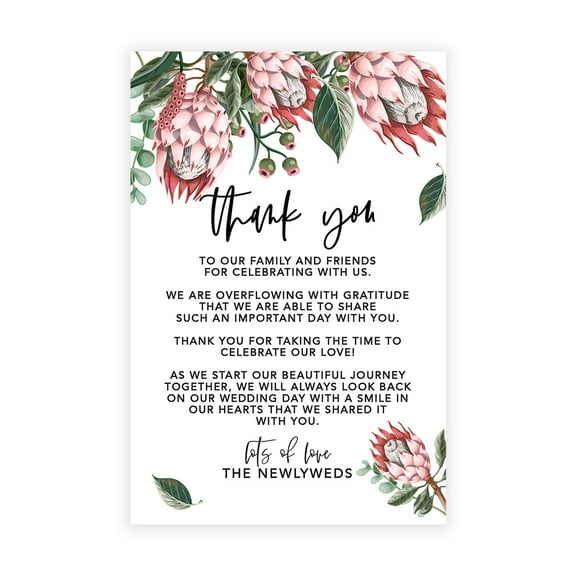 Koyal Wholesale Boho Protea Florals Wedding Thank You Place Setting Cards for Table Reception, Dinner Plates, 56-Pack