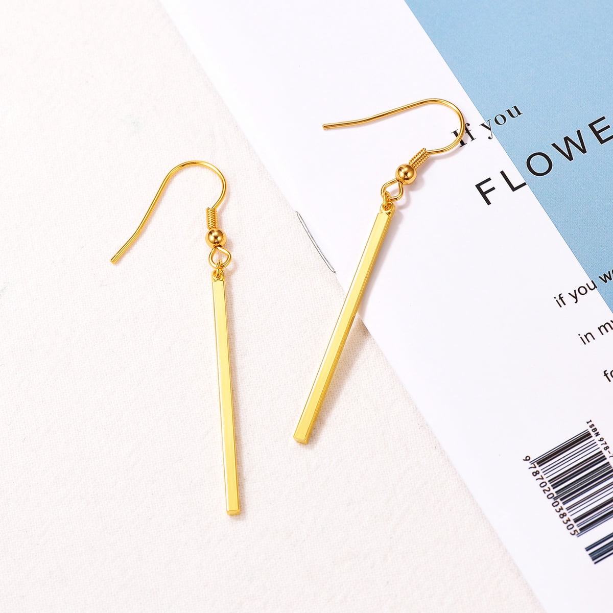 FOCALOOK Gold Plated Dangle Earrings for Women Hypoallergenic Minimal Long Thin Drop Dangling Vertical Bar Earrings