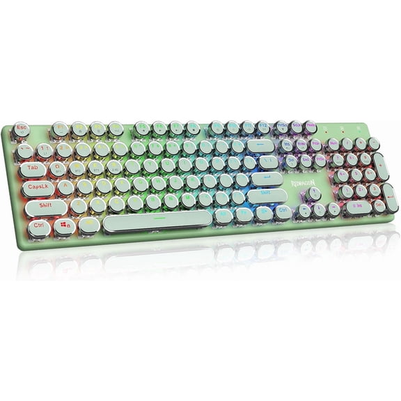 Wireless Typewriter Mechanical Gaming Keyboard, Bluetooth/2.4Ghz/Wired, RGB LED Backlit, Blue Switch - Clicky, Rechargeable, Solid Metal Panel, Round Keycaps