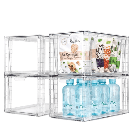 4Pack Large Stackable Kitchen Storage Drawers Clear Foods Organizer Bins with Handles Easily Assemble for Bathroom Kitchen Pantry Cabinet Closet