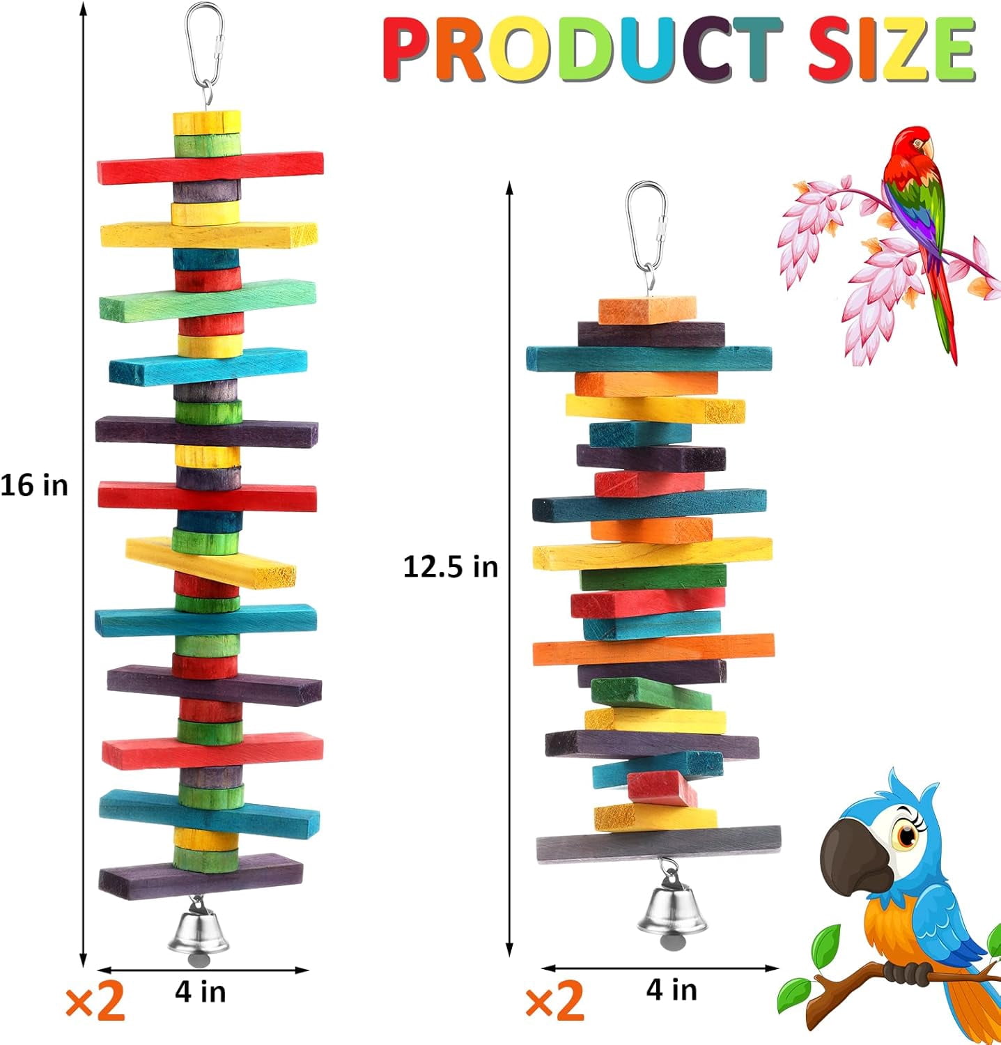 Bird Parrot Toys with Multicolored Natural Wood Blocks, Bird Chew Toys for Parrots Chewing Biting Foraging, 2 Designs