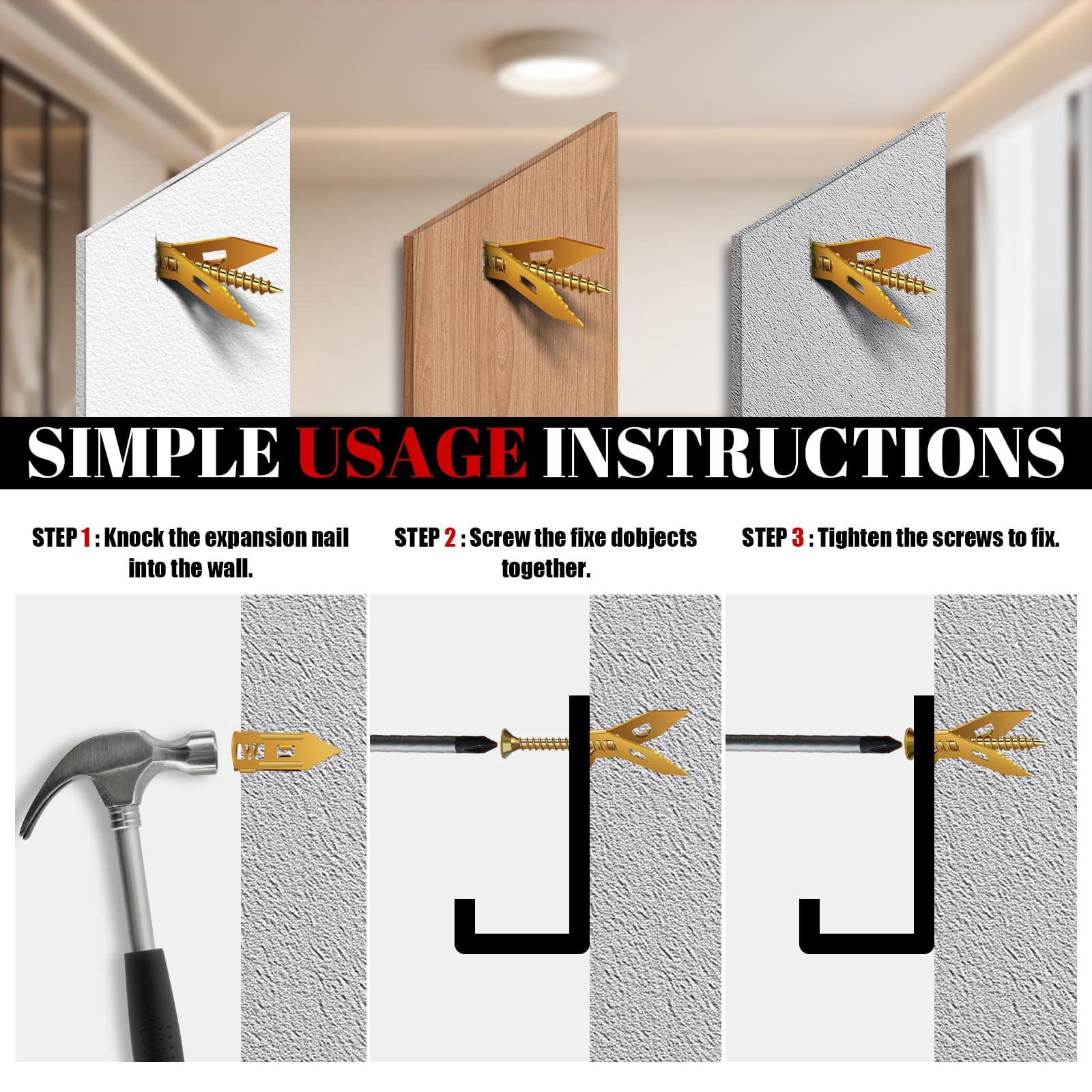 200 Pcs Self Drilling Drywall Anchors with Screws Kit, Metal Expansion Bolt for Drywall,No Drill Or Holes in Wall, Holds Up to 100lbs, for Tv, Shelves, Picture Frames
