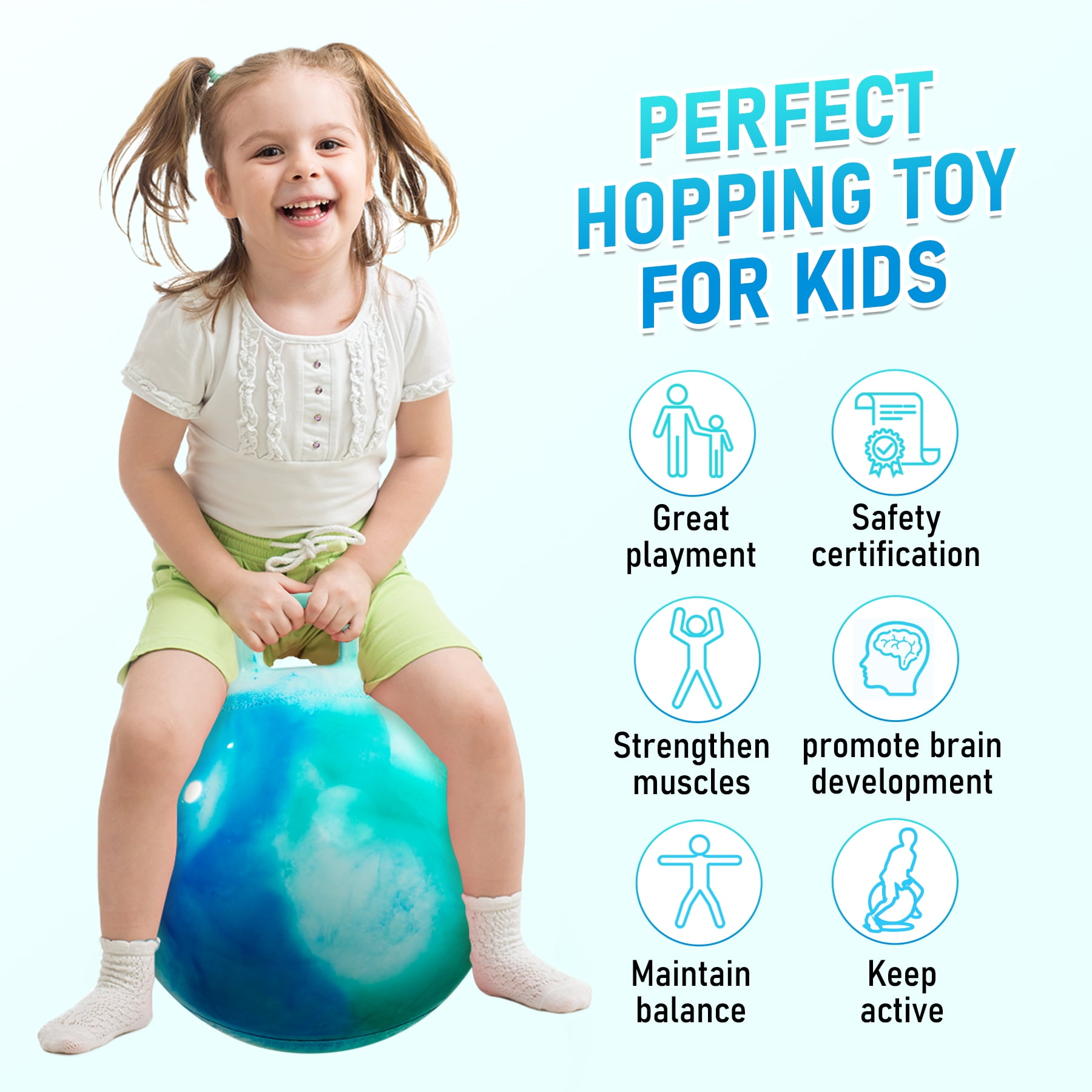 PLAYZAP Hopper Ball, Bouncy Ball with Handle for Kids, 18-inch Hippity Hoppity Hop Bounce Ball Toys, Sit and Bouncing Ball with Pump, Boys Girls Jumping Hopping Ball Gifts -Blue Cloud