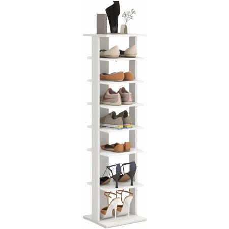 BECOMFORT 7 Tier Vertical Shoe Rack Wooden & Freestanding Narrow Slim Shoe Storage for 7 Pairs of Shoes Customizable Height Space Saving Shoe Organizer for Entryway Hallway (White Small)