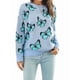 thumbnail image 1 of Suéteres de Punto con Estampado de Mariposas para Mujer, Informales, de Larga y Cuello Redondo Azul M, 1 of 10