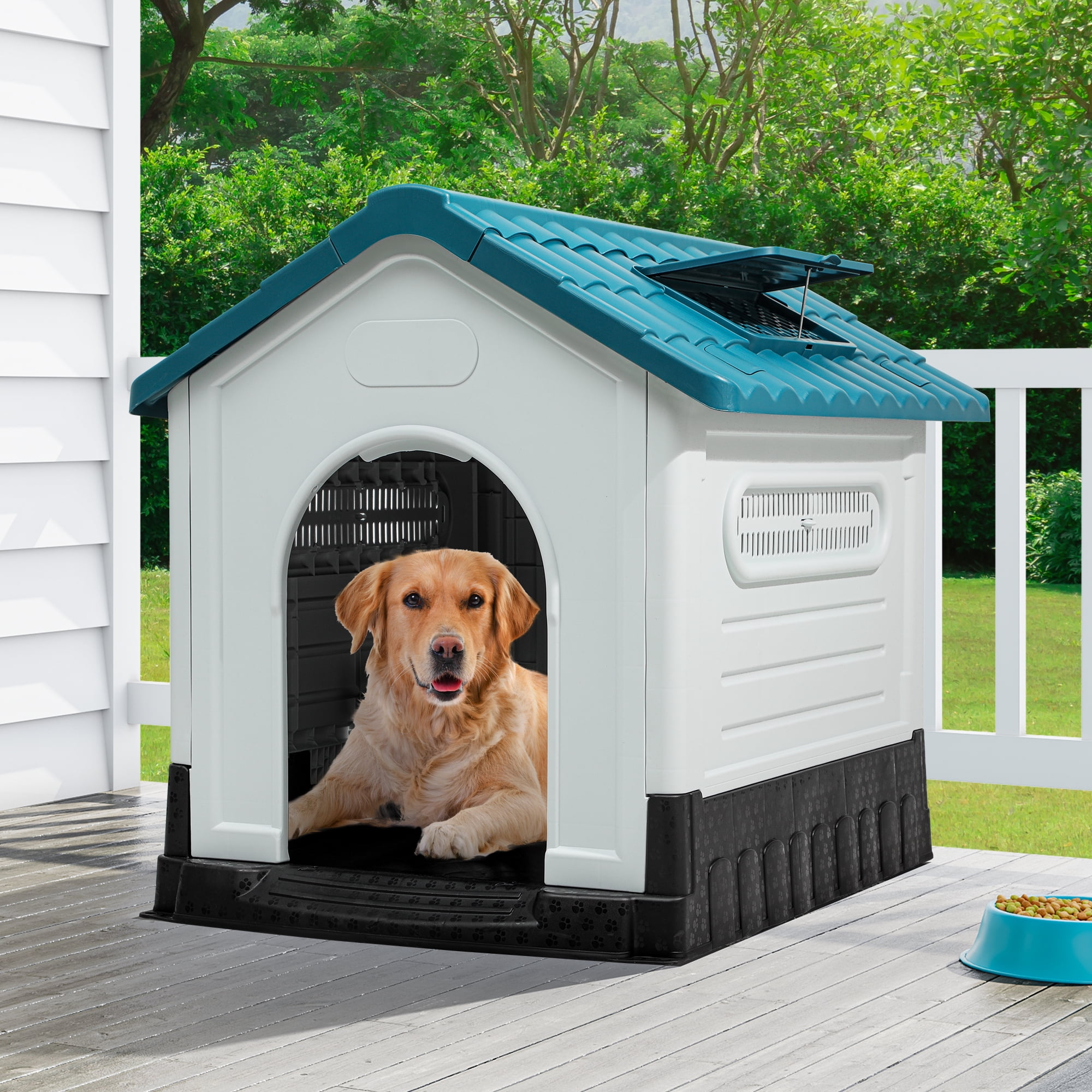 Dextrus Folding Large Dog House Outdoor Plastic Doghouse with Adjustable Skylight and Elevated Base Water Resistant Pet House for Small, Medium, and Large Dogs