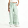 thumbnail image 5 of dazeni Girls Gingham Pants Kids Casual Elastic High Waist Plaid Trousers Soft Ruffle Hem Wide Leg Pants with Pockets Green 9-10 Years, 5 of 7