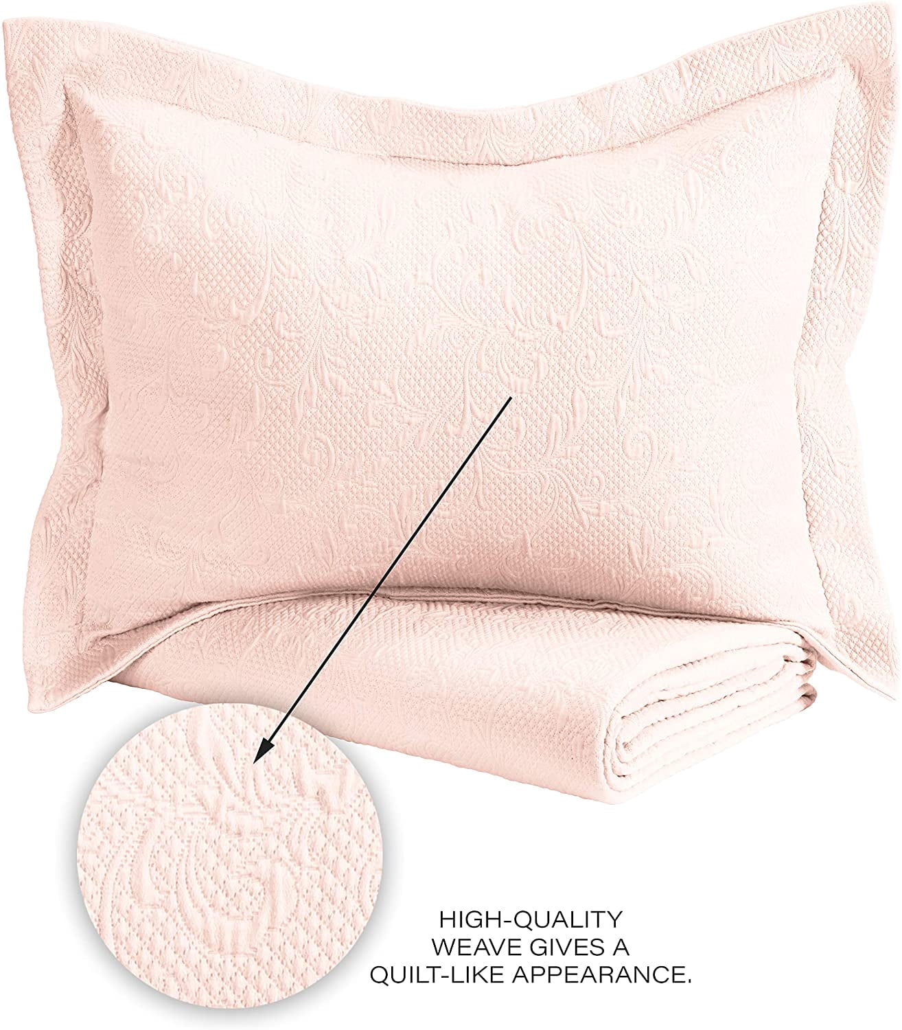 Royal Borough Luxuriously-Textured 100% Cotton Matelasse 3 Piece. Solid Color Coverlet Set with Shams (Blush, King)