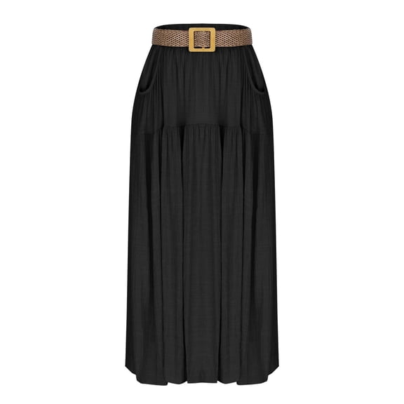Generic Women Casual Cotton Linen Maxi Skirts High Waist A Line Slim Fit Long Skirt Flare Swing Beach Holiday Ruffle Skirt