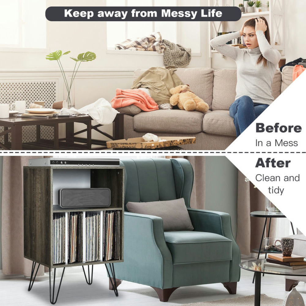 Demi Bonn Storage File Cabinet with Metal Legs, Freestanding Record Player Stand Record, Gray