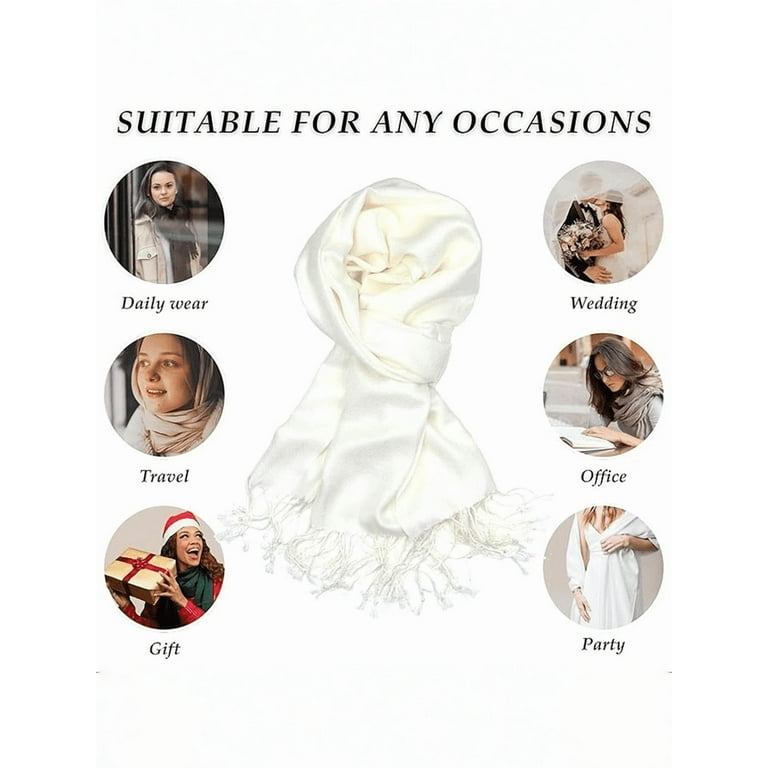 Oussum Long White Pashmina Silk Scarf for Women, Solid Fashion