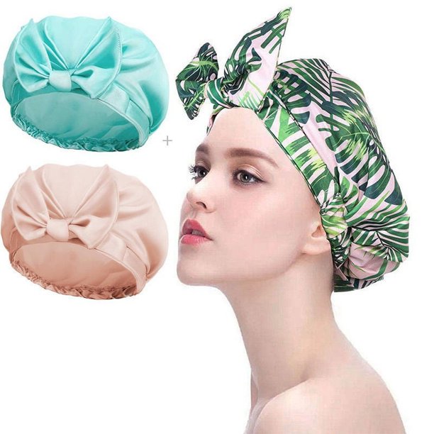 3 gorros de ducha reutilizables, gorro de ducha ajustable para mujeres, doble capa con forro de satén