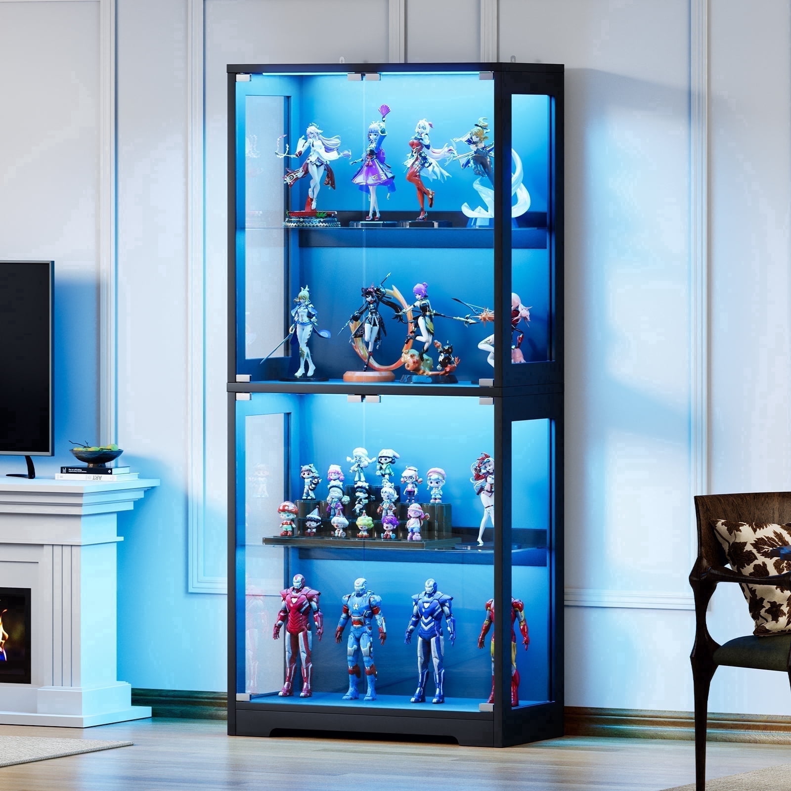 Display Cabinet with Glass Doors, 70" Tall Curio Cabinet with 3-Color RGB LED Lights, Motion Sensor & Music Sync, Adjustable Tempered Glass Shelves for Collectibles, Funko Pop, Home Decor