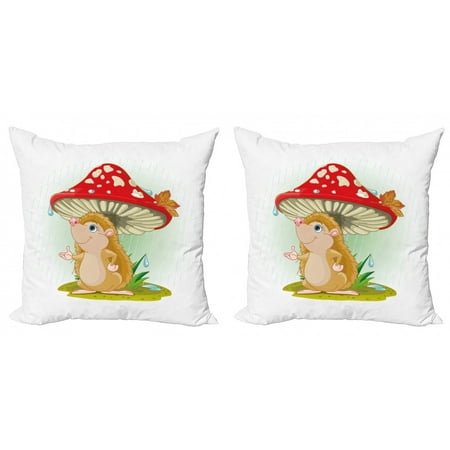 

Hedgehog Throw Pillow Cushion Cover Pack of 2 Hedgehog Sheltering from the Rain Under an Oversized Mushroom Vivid Colors Zippered Double-Side Digital Print 4 Sizes Multicolor by Ambesonne