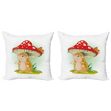 

Hedgehog Throw Pillow Cushion Cover Pack of 2 Hedgehog Sheltering from the Rain Under an Oversized Mushroom Vivid Colors Zippered Double-Side Digital Print 4 Sizes Multicolor by Ambesonne