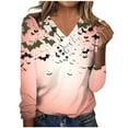 thumbnail image 2 of CLOISE Halloween Tee Shirts for Women Fashion Halloween Bat Graphic Tees Long Sleeve V Neck Tops Button Basic Casual Oversized Shirts Spooky Season Clothes Halloween Gift, 2 of 5