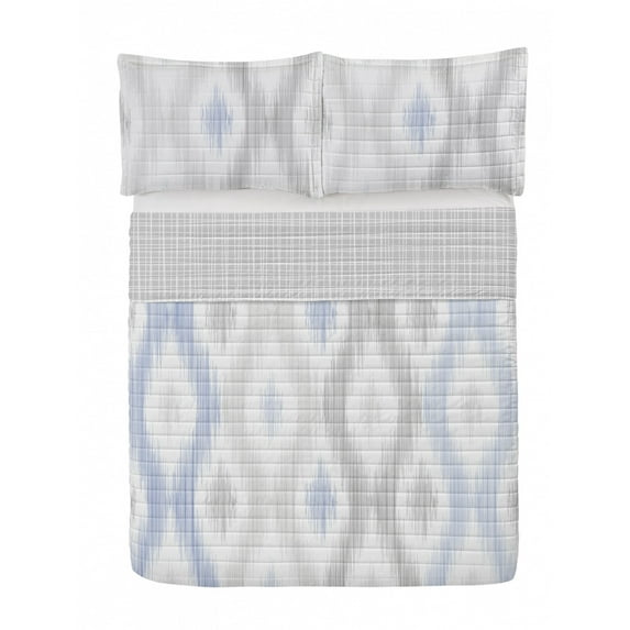 Contemporary Reversible Bedspread Set, Sketchy Hand Drawn Abstract Chain Like Design Pastel Colored Geometric, Pillow Shams & Comforter Microfiber Bedding Set, 3 Sizes, Dark Ceil Blue, by Ambesonne