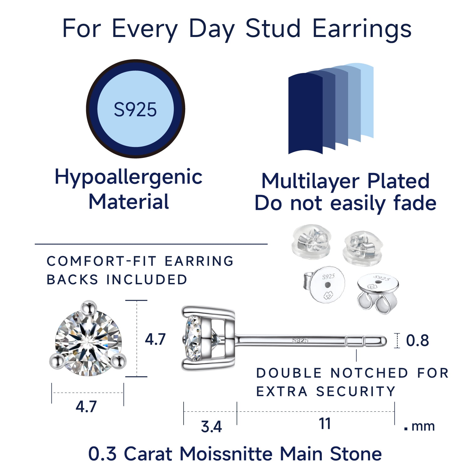 MomentWish Stud Earrings for Women 925 Sterling Silver Round Cut Moissanite Solitaire Earrings