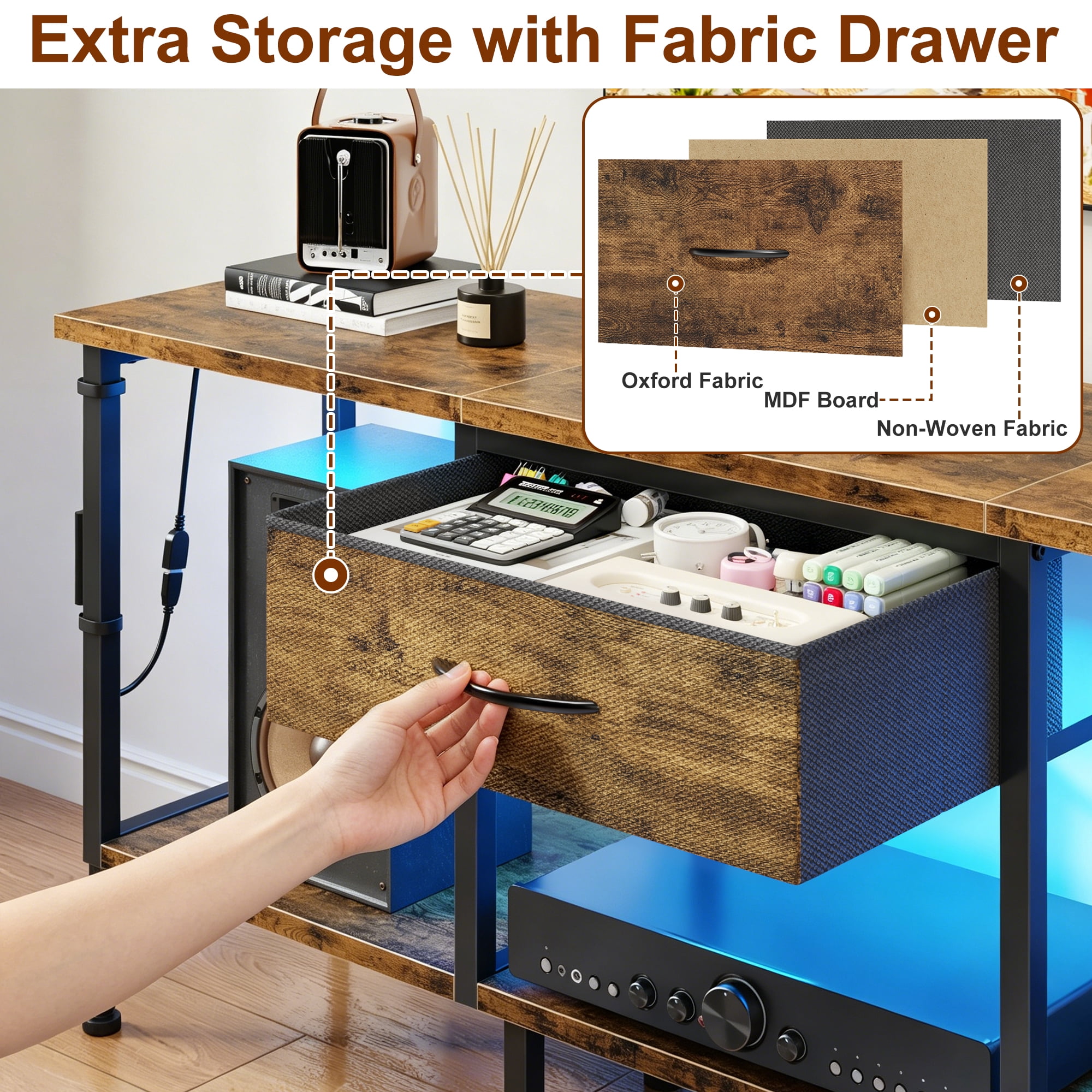 HIGDBFE TV Stand for TVs up to 55 inch, LED Entertainment Center with Fabric Drawers and Power Outlet, Metal TV Console Table for Living Room and Bedroom