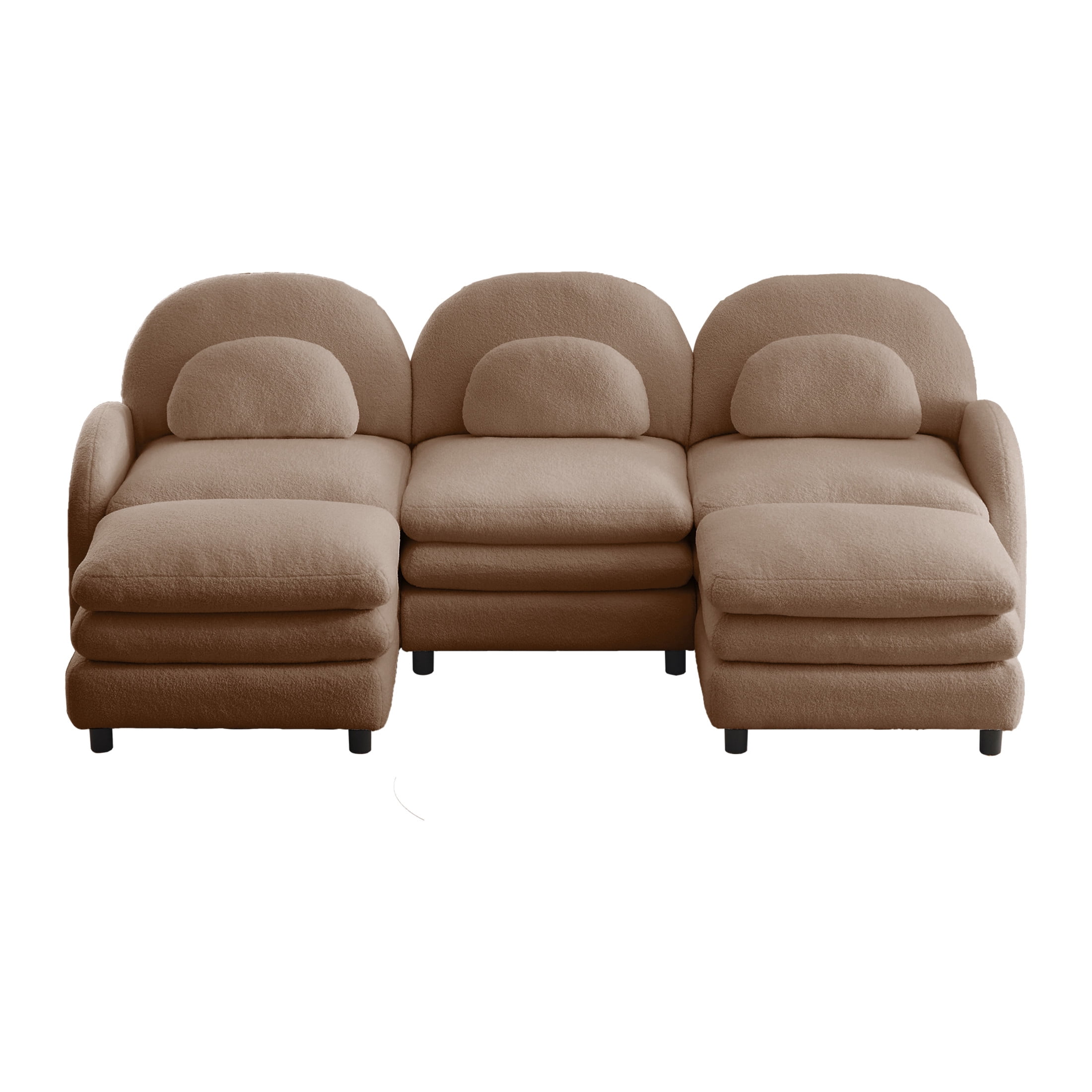 Noble House Windsor Teddy Fabric 3-Seater Sectional Sofa, Modular Cloud Couch with 2 Ottomans and Lumbar Pillows, Camel