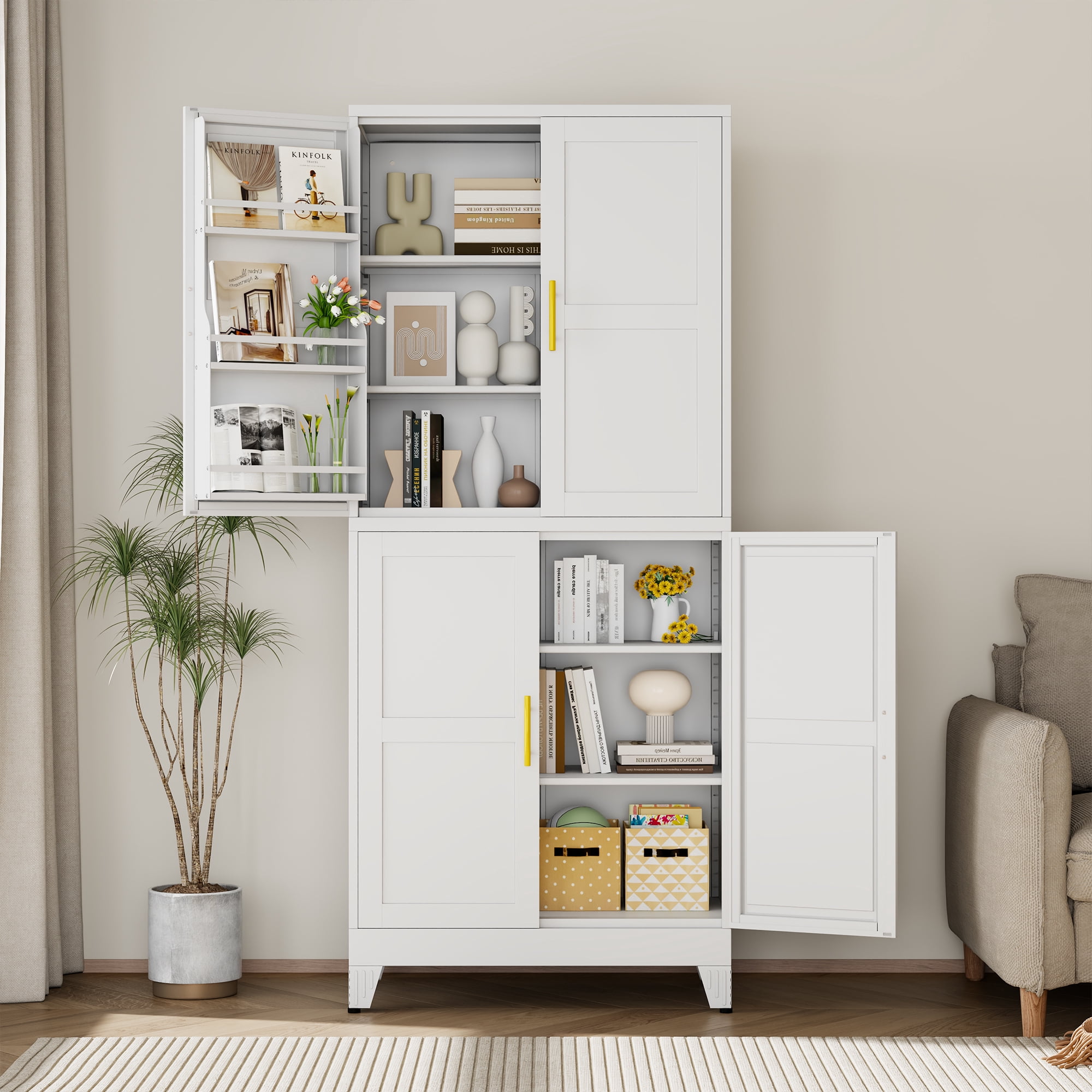 Ero Tall Steel Pantry Cabinet with 4 Doors and Adjustable Shelves for Kitchen Storage White