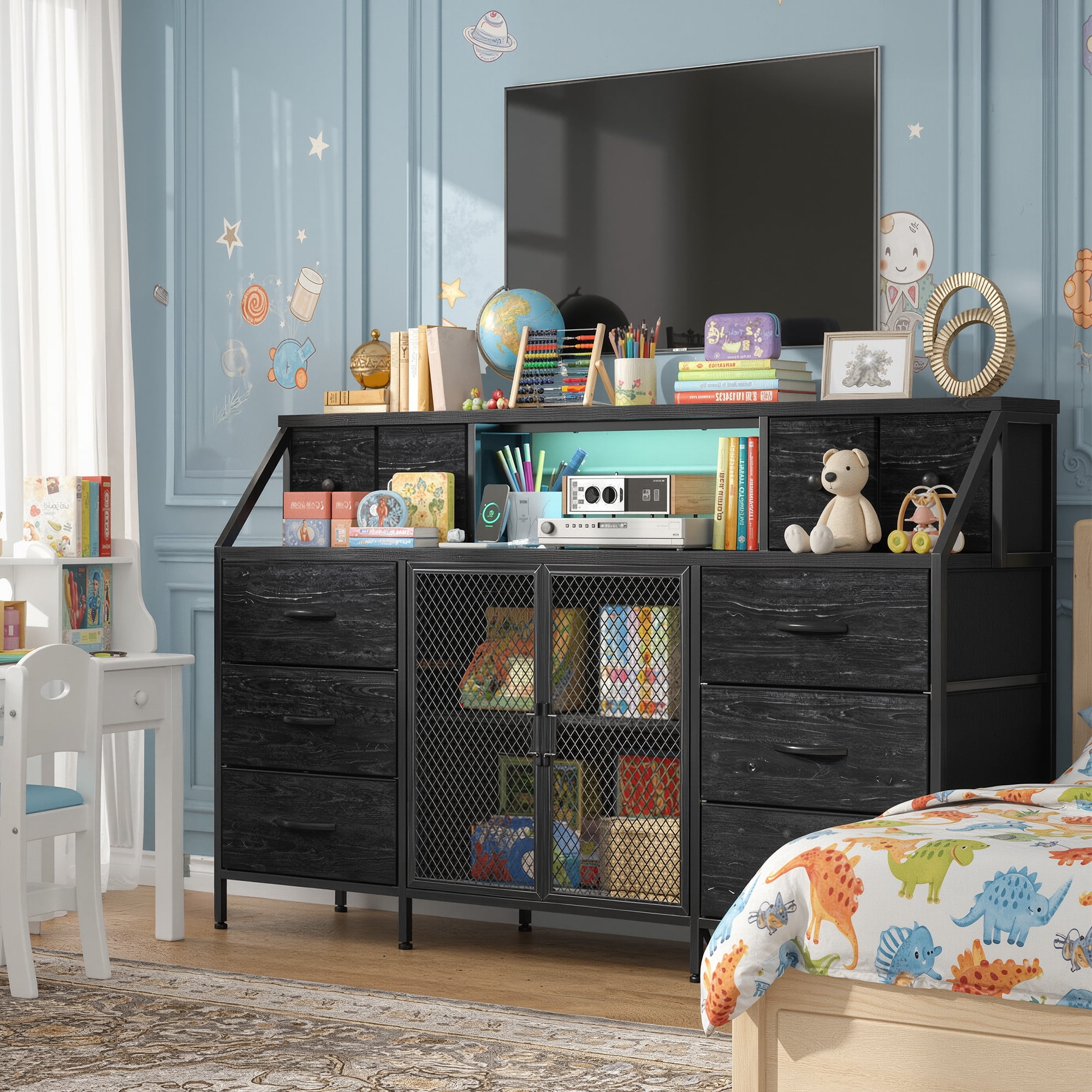 Romorgniz Dresser for Bedroom with 10 Fabric Drawers & Mesh Door 55" Long Dressers & Chest of Drawers with LED Lights & Charging Station for Living Room, Black