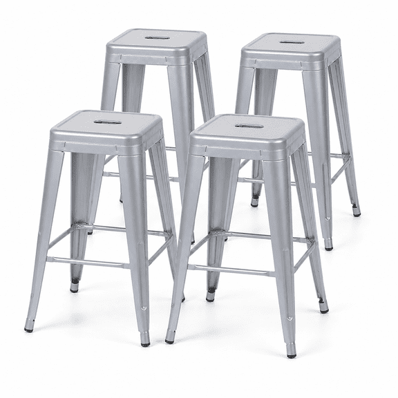 30 Inch Backless Metal Bar Stools, Set of 4, Silver, Carry Hole and Four-Sided Footrest