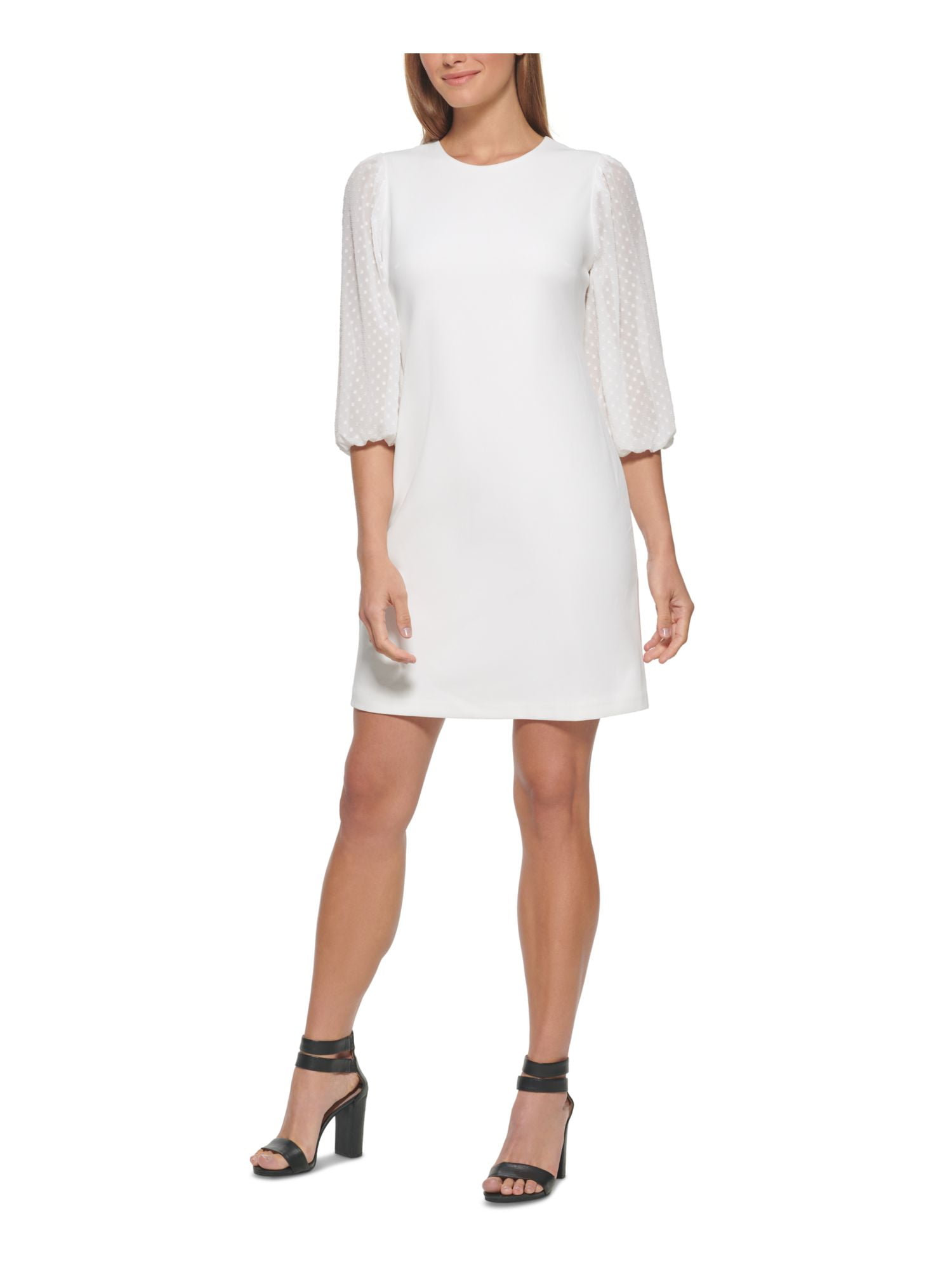 DKNY Womens White Stretch Zippered Clip Dot Sheer Elbow Sleeve Round
