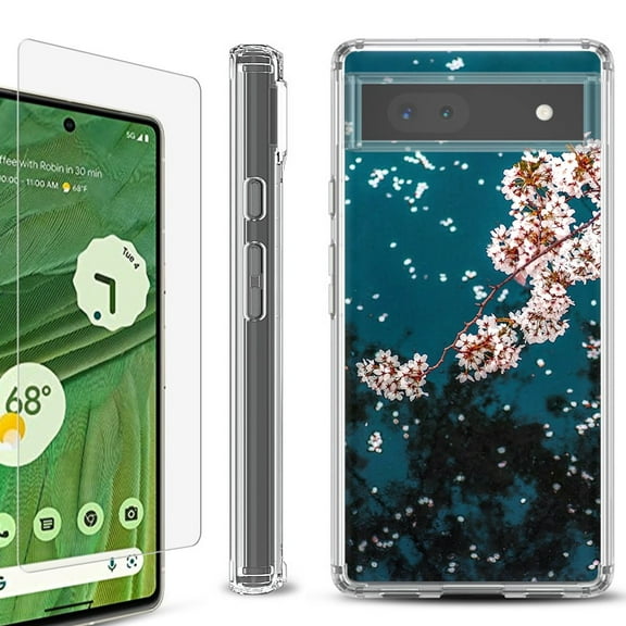 Shockproof Bumper Phone Case for Google Pixel 6a, with Tempered Glass Screen Protector, by OneToughShield ® - Night Blossom
